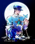  1boy aqua_eyes black_hair blue_butterfly bug butterfly chain chinese_commentary coat commentary commentary_request dated ear_piercing earrings flower full_moon gold_chain hat highres jewelry jojo_no_kimyou_na_bouken kujo_jotaro long_sleeves male_focus moon night off-shoulder_coat off_shoulder partially_submerged peaked_cap piercing purple_coat purple_hat sherytan shirt short_hair signature solo star_(sky) star_(symbol) star_earrings star_print stone_ocean water white_flower white_shirt 