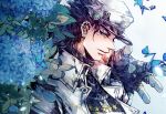 1boy 1other aqua_eyes black_gloves black_hair blue_butterfly blue_flower bug butterfly chain chinese_commentary coat collared_coat colored_skin commentary commentary_request ear_piercing earrings fingerless_gloves flower gloves grey_skin hat hydrangea jewelry jojo_no_kimyou_na_bouken kujo_jotaro looking_at_viewer male_focus peaked_cap piercing profile ring sherytan shirt sideways_glance solo stand_(jojo) star_(symbol) star_earrings star_ornament star_platinum stud_earrings turtleneck turtleneck_shirt upper_body vento_aureo white_coat white_hat 