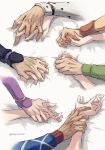  1girl 6+boys argyle_clothes argyle_sleeves black_sleeves blue_sleeves bracelet bruno_bucciarati commentary commentary_request giorno_giovanna green_sleeves guido_mista hand_focus highres holding_hands jewelry jojo_no_kimyou_na_bouken leone_abbacchio long_sleeves maroten50y multiple_boys narancia_ghirga out_of_frame pannacotta_fugo pink_sleeves vento_aureo white_sleeves wristband 