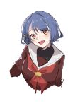  1girl :d black_shirt blue_hair braid breasts brown_dress commentary_request cropped_torso dress hasu_no_sora_school_uniform head_tilt highres long_sleeves looking_at_viewer love_live! love_live!_hasu_no_sora_jogakuin_school_idol_club medium_breasts neckerchief open_mouth orange_eyes red_neckerchief reisawa_aoi roku_aya_fuyu sailor_collar sailor_dress school_uniform shirt side_braid simple_background slit_pupils smile solo teeth undershirt upper_teeth_only white_background white_sailor_collar winter_uniform 