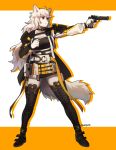  2020 absurd_res anthro canid canine clothed clothing female fluffy fur gun hair hi_res mammal pgm300 ranged_weapon simple_background solo standing weapon 