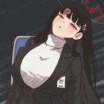  1girl black_hair black_jacket blazer blue_archive blush breasts chair coin coin_on_string commentary_request hair_ornament hairclip halo highres hypnosis jacket large_breasts long_hair mind_control mushiyaki_bacon open_mouth red_eyes ribbed_sweater rio_(blue_archive) sitting solo sweater turtleneck turtleneck_sweater white_sweater 