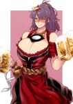  1girl adapted_costume alcohol bare_shoulders beer beer_mug blush breasts cleavage cowboy_shot cup dirndl german_clothes hair_between_eyes hair_ornament holding huge_breasts medium_hair mirror mug purple_hair red_eyes rope solo sweat tobisawa touhou yasaka_kanako 