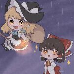  +_+ 2girls apron ascot black_hat black_skirt black_vest blonde_hair bow bowtie braid broom broom_riding brown_eyes brown_hair chibi chibi_only collared_shirt commentary_request detached_sleeves fireworks frilled_bow frilled_hair_tubes frills green_bow green_bowtie hair_bow hair_tubes hakurei_reimu hat hat_bow highres holding holding_fireworks kirisame_marisa long_hair multiple_girls puffy_short_sleeves puffy_sleeves red_bow red_skirt shirt short_sleeves side_braid single_braid skirt skirt_set sparkler touhou uzuki_(amayadori) vest waist_apron white_apron white_bow white_shirt witch_hat yellow_ascot yellow_eyes 