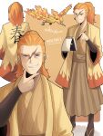  1boy absurdres artist_name character_name flame_print grin hand_up highres holding holding_pen japanese_clothes kimono male_focus mielthemouse moltres multiple_views notepad orange_hair pen personification pokemon ponytail reference_inset scar scar_on_face sideburns smile wide_sleeves yellow_kimono 