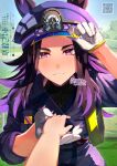  1girl 1other adjusting_clothes adjusting_headwear animal_ears black_hair black_jacket black_shirt blush commentary_request ears_through_headwear fenomeno_(black_flames_of_the_righteous_spirit)_(umamusume) fenomeno_(umamusume) flipped_hair gloves hat highres holding_hands horse_ears horse_girl horseshoe_hat_ornament horseshoe_ornament jacket long_hair long_sleeves looking_at_viewer multicolored_hair parted_lips peaked_cap purple_eyes purple_hair sayuasakura shirt smile solo_focus umamusume white_gloves 