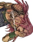  1boy abs arm_tattoo belt blue_pants commentary commentary_request diavolo fishnet_top fishnets green_belt green_eyes hand_on_own_face hand_over_eye highres jojo_no_kimyou_na_bouken long_hair looking_at_viewer makeup male_focus muscular muscular_male pamipami_art pants pink_hair red_lips sideways simple_background solo spotted_hair tattoo vento_aureo white_background 