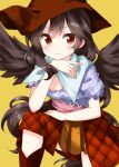  1girl bandana bangs black_hair black_wings blue_bandana blue_shirt boots breasts brown_eyes brown_headwear cleavage closed_mouth cowboy_boots cowboy_hat eyebrows_visible_through_hair hand_on_leg hand_on_own_chin hat highres kurokoma_saki long_hair looking_at_viewer pegasus_wings pink_sash plaid plaid_shirt plaid_skirt red_skirt ruu_(tksymkw) sash shirt simple_background skirt smile solo touhou wings yellow_background 