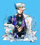  1boy aqua_eyes belt belt_buckle black_gloves black_hair black_shirt blue_background blue_hair buckle coat commentary dated diamond_wa_kudakenai english_commentary fingerless_gloves floating_water_bubble gloves hat hat_over_one_eye highres hydrokinesis jewelry jojo_no_kimyou_na_bouken kujo_jotaro long_sleeves looking_at_viewer male_focus necklace off-shoulder_coat off_shoulder one_eye_covered peaked_cap purple_belt purple_vest sherytan shirt shoulder_belt signature simple_background smile solo star_ornament turtleneck turtleneck_shirt upper_body vest water white_coat white_hat 
