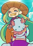  2boys absurdres beard belt_buckle blue_eyes brown_hat brown_pants buckle cape chibi chibi_only commentary cowboy_hat day facial_hair from_below gold_teeth green_cape green_hair gyro_zeppeli hand_on_own_hip hat highres hood hood_down hoodie johnny_joestar jojo_no_kimyou_na_bouken long_hair m_a_a_m_8 male_focus medium_hair multiple_boys pants purple_pants purple_shirt red_sleeves scar scar_on_back shirt short_sleeves sitting sky standing star_(symbol) star_print steel_ball_run sun two-tone_sleeves untranslatable_commentary very_long_hair wariza white_hat white_hoodie white_sleeves 