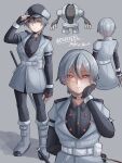  absurdres adjusting_clothes adjusting_headwear arm_behind_back artist_name belt_pouch black_gloves black_hair boots character_name claw_(weapon) coat earclip elbow_gloves fingerless_gloves gloves grey_boots grey_coat grey_hair hat highres mielthemouse mole mole_under_eye multicolored_hair multiple_views personification pokemon pouch red_eyes reference_inset registeel short_hair streaked_hair sword weapon 