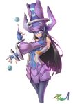  1girl absurdres bare_shoulders black_hair blue_nails commentary english_commentary galacta helmet highres long_hair long_sleeves looking_at_viewer marvel marvel_rivals mask pantyhose parted_lips pixeljunkplayer purple_eyes purple_helmet purple_pantyhose signature solo 
