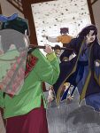  2boys 3girls anachorism aoqun blue_hanfu blue_ribbon blue_robe brown_hair bug butterfly_net chinese_clothes chinese_commentary cl_opium commentary_request emphasis_lines grasshopper green_hair green_hanfu green_robe guen_(kusuriya_no_hitorigoto) hair_ribbon hand_net hanfu highres holding holding_butterfly_net indoors insecticide jinshi_(kusuriya_no_hitorigoto) kusuriya_no_hitorigoto long_hair long_sleeves lying maomao_(kusuriya_no_hitorigoto) multiple_boys multiple_girls on_stomach outstretched_arms photo-referenced purple_hair ribbon robe running shisui_(kusuriya_no_hitorigoto) spread_arms wide_sleeves xiaolan_(kusuriya_no_hitorigoto) 