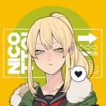  1girl alicetaria_february blonde_hair coat green_background green_eyes horse_tail japanese_clothes picrew re:creators school_uniform tail yellow_background 