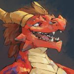  1:1 ambiguous_form brown_hair dragon eljado fasuhn glistening glistening_eyes hair happy headshot_portrait hi_res horn looking_aside male markings nose_horn open_mouth open_smile orange_body orange_eyes orange_scales portrait purple_markings scales scalie simple_background smile solo teeth tongue 