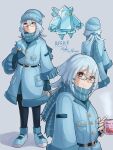  1other absurdres artist_name belt black_pants blue_coat blue_hat blue_scarf blue_shoes brown_eyes cellphone character_name coat cup glasses grey_hair hair_between_eyes hair_ornament hairclip hat highres light_frown long_hair mielthemouse mug multiple_views pants personification phone pokemon regice scarf shoes smartphone 