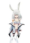  1girl absurdres animal_ears arknights bangs bare_shoulders bikini bunny_ears chinese_commentary commentary_request feet_out_of_frame frostnova_(arknights) grey_eyes groin hair_over_one_eye highres huizhiyin jacket long_hair looking_at_viewer navel off_shoulder open_clothes open_jacket scar scar_on_face scar_on_nose silver_hair simple_background solo stomach swimsuit thighhighs thighs white_background white_bikini white_jacket white_legwear wristband 