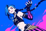  1girl absurdres arcane:_league_of_legends arcane_jinx bare_shoulders black_gloves blue_background blue_hair bright_pupils commentary dutch_angle eyelashes fingerless_gloves fingernails gloves highres hip_tattoo jewelry jinx_(league_of_legends) league_of_legends lips long_hair midriff nail_polish navel necklace pink_eyes pink_lips pink_nails shoulder_tattoo signature single_hair_intake smile solo spikes tattoo twintails user_jazz4252 very_long_hair white_pupils 