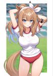  +_+ 1girl almond_eye_(umamusume) animal_ears blue_eyes blush bow bow_hairband braid braided_sidelocks breasts brown_hair buruma colored_inner_hair commentary_request gym_shirt hair_between_eyes hair_ornament hairband hairclip highres horse_ears horse_girl horse_tail large_breasts long_hair looking_at_viewer mag_(magburubon) multicolored_hair parted_lips ponytail red_buruma revision shirt short_sleeves sidelocks solo symbol-shaped_pupils tail umamusume white_hairband white_shirt x-shaped_pupils 