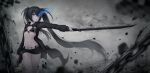  1girl absurdres arm_up belt bikini bikini_under_clothes black_bikini black_jacket black_rock_shooter black_rock_shooter_(character) black_shorts blue_eyes breasts bright_pupils commentary dust front-tie_bikini_top front-tie_top glowing glowing_eye hair_between_eyes highres holding holding_sword holding_weapon jacket long_hair long_sleeves masmas_(bugi) navel no_shirt open_clothes open_jacket revision short_shorts shorts small_breasts smoke solo stomach swimsuit sword twintails untranslatable_commentary very_long_hair weapon white_belt white_pupils 