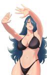  1girl \||/ arms_up azuma_fubuki bikini black_bikini blue_hair braid breasts commentary cowboy_shot crown_braid curtained_hair deku2171 double_\||/ floating_hair full_cleavage hair_over_one_eye half_crown_braid halterneck hand_shadow_covering_breasts_(meme) highres large_breasts lipstick long_hair makeup mato_seihei_no_slave mature_female meme navel one_eye_covered open_hands outstretched_arms parted_lips pink_lips shadow simple_background smile solo spread_fingers swimsuit untranslatable_commentary upper_body very_long_hair white_background yellow_eyes 