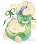  blush bow budew closed_mouth commentary gem green_bow green_gem green_ribbon highres iwasi_29 no_humans pokemon pokemon_(creature) pokemon_focus ribbon sitting smile solo untranslatable_commentary 