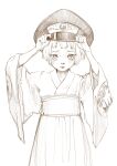  1other absurdres aged_down alternate_costume androgynous blunt_bangs blunt_ends bob_cut child closed_mouth cowboy_shot crest eyelashes family_crest fujiwara_no_shirogane_no_sanra greyscale hakama hands_on_headwear hat hatsburg highres japanese_clothes kimono len'en light_blush light_frown lips long_sleeves looking_at_viewer military_hat monochrome nostrils obi other_focus oversized_hat peaked_cap print_headwear print_sleeves sash short_hair short_kimono simple_background solo standing straight-on white_background wide_sleeves wing_print yin_yang yin_yang_print 