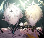  2boys absurdres bandaged_chest blonde_hair blue_eyes chibi_on_shoulder commentary_request cracked_skin demon_horns gold_blood halo highres hino_satoshi honkai:_star_rail honkai_(series) honkai_impact_3rd horns kevin_kaslana kevin_kaslana_(diabolic) looking_at_viewer male_focus multiple_boys phainon_(honkai:_star_rail) phainon_(khaslana)_(honkai:_star_rail) pointy_ears rufus1665467 short_hair trait_connection voice_actor_connection white_hair yellow_eyes 