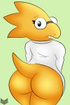  alphys anthro big_butt bottomless butt clothed clothing convenient_censorship eyewear female glasses green_background hi_res lizard looking_at_viewer looking_back partially_clothed rear_view reptile scalie simple_background solo standing teeth thick_thighs undertale video_games widescreen zinzoa 