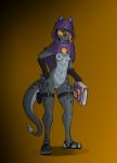  absurd_res anthro bastiel clothing dragon female footwear genitals glowing glowing_eyes glowing_genitalia grey_body grey_scales hi_res hooded_cloak horn oblique_(character) purple_horn sandals scales solo thigh_belt tome 
