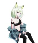  1girl absurdres animal_ears arknights armband bangs bare_shoulders bikini black_bikini black_choker black_legwear breasts chinese_commentary choker cleavage commentary_request eyebrows_visible_through_hair feet_out_of_frame grey_jacket highres huizhiyin jacket kal&#039;tsit_(arknights) long_sleeves looking_at_viewer lynx_ears medium_breasts navel off_shoulder open_clothes open_jacket oripathy_lesion_(arknights) parted_lips purple_eyes short_hair silver_hair simple_background single_strap sitting solo stomach swimsuit thighhighs white_background 