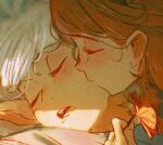  2girls asimov_(spindle_(aidenr0)) brown_hair closed_eyes commentary english_commentary flower highres holding holding_flower kiss kissing_cheek multiple_girls open_mouth orange_flower original ottilie_(spindle_(aidenr0)) portrait sleeping spindle_(aidenr0) white_hair yuri 