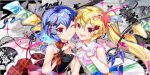  2girls bat_wings black_shirt blonde_hair blue_hair character_hair_ornament cheek-to-cheek colored_inner_hair crystal crystal_wings fang flandre_scarlet game_asset gloves green_skirt hair_ornament heads_together heart heart_hands heart_hands_duo highres looking_at_viewer multicolored_hair multicolored_wings multiple_girls official_art one_side_up open_mouth pink_shirt plaid_clothes plaid_skirt red_eyes red_nails red_skirt remilia_scarlet rotte_(1109) shirt siblings sisters skirt sleeveless sleeveless_shirt smile star_(symbol) star_hair_ornament third-party_source touhou touhou_lostword two-tone_skirt white_gloves white_skirt wing_ornament wings 