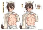  2boys abs animal_ear_fluff animal_ears aroused_nosebleed bandage_on_nose bandaid bandaids_on_nipples bare_pectorals blood blush brown_hair chibi chibi_inset chinese_text chocoball0505 clothes_lift collar commentary_request cropped_torso eiden_(nu_carnival) frown furrowed_brow garu_(light_of_life)_(nu_carnival) garu_(nu_carnival) gloves hair_between_eyes hat heart highres karu_(nu_carnival) lifting_own_clothes long_sleeves low_ponytail motion_lines multiple_boys multiple_views nipple_slip nipples nosebleed notice_lines nu_carnival nurse_cap official_alternate_costume open_mouth pasties pectorals ponytail puff_of_air raised_eyebrow scar scar_on_chest scar_on_face scar_on_nose shirt shirt_lift short_ponytail simple_background spiked_collar spikes tail teeth toned toned_male trembling twitter_username upper_teeth_only v-shaped_eyebrows white_background white_gloves white_hat white_shirt wolf_boy wolf_ears wolf_tail yellow_eyes 