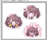  >_< 1girl art_program_in_frame black_bow black_bowtie blonde_hair blood blunt_bangs blush_stickers bow bowtie chibi chibi_only closed_eyes closed_mouth commentary cropped_torso eyeamaisu hair_ornament halo holding holding_sign long_hair long_sleeves multiple_views nosebleed open_mouth original outline pink_eyes pink_halo pink_shirt shirt sign simple_background single_hair_intake twintails untranslatable_commentary white_background white_outline x_hair_ornament 