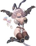  1girl adapted_costume animal_ear_hairband animal_ears armor arms_up belt black_gloves black_thighhighs breasts brown_belt chest_guard commentary_request dan'in-san_(shirogane_noel) detached_collar double-parted_bangs fake_animal_ears fingerless_gloves full_body gloves greaves grey_hair hairband highleg highleg_leotard highres hololive large_breasts leotard maison_de_cante medium_hair outstretched_arms pauldrons pelvic_curtain playboy_bunny poleyn rabbit_ear_hairband rabbit_ears sabaton shirogane_noel shirogane_noel_(1st_costume) shoulder_armor simple_background single_pauldron solo thighhighs vambraces virtual_youtuber wavy_hair white_background white_leotard 