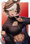  1girl abs absurdres ahoge alternate_costume animal_ears black_coat black_sweater blue_pants breasts brown_eyes brown_hair cleavage cleavage_cutout clothing_cutout coat cropped_sweater finger_to_mouth gold_nails hair_between_eyes highres horse_ears horse_girl indie_virtual_youtuber jewelry long_sleeves looking_at_viewer multicolored_hair nanashinayuzu_mochi navel pants purple_hair red_background ribbed_sweater ring shushing simple_background smile solo standing sweater teeth tomoe_umari tongue virtual_youtuber white_hair zipper zipper_pull_tab 