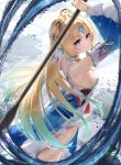  1girl abstract_background aqua_hair arm_up bare_shoulders blonde_hair breasts bright_pupils commentary_request cowboy_shot detached_sleeves dress forehead_jewel gradient_hair highres holding holding_paintbrush honkai:_star_rail honkai_(series) joints long_hair looking_at_viewer medium_breasts multicolored_hair oversized_object paint paintbrush parted_lips pearl_(honkai:_star_rail) purple_eyes robot_joints sideboob signature solasuna solo very_long_hair white_dress white_pupils 
