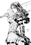  1girl absolute_dc absolute_wonder_woman amazon_warrior arm_wrap dc_comics highres holding holding_sword holding_weapon huge_weapon lifting_object monochrome solo steve_lachowski superhero_costume sword tattoo tattoo_sleeve weapon wonder_woman wonder_woman_(absolute_dc) wonder_woman_(series) 