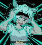  1girl affliction_(darkest_dungeon) animal_ears black_headband breasts c_rikk00 commentary crop_top cropped_shirt cyan_(horse_race_tests) darkest_dungeon drooling freckles green_eyes half-closed_eye hands_on_own_head headband highres horse_ears horse_girl horse_race_tests medium_breasts midriff navel open_mouth parody shirt short_hair solo t-shirt tearing_up upper_body white_hair 