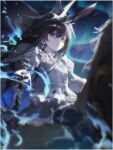  1girl amiya_(arknights) amiya_(guard)_(arknights) amiya_(guard)_(in_a_myriad_of_universes)_(arknights) animal_ears arknights aurora blue_eyes border brown_hair closed_mouth commentary_request dress earrings extra_ears hair_between_eyes highres holding holding_sword holding_weapon horseback_riding jewelry jiuxiaoshi long_hair looking_at_viewer night official_alternate_costume rabbit_ears rabbit_girl riding sitting solo sword weapon white_border white_dress 