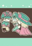 3boys absurdres aqua_bow aqua_hat aqua_helmet aqua_hoodie aqua_pants aqua_sweater argyle_clothes argyle_sweater arm_warmers black_boots black_shirt blonde_hair boots bow cape chibi chibi_only clenched_teeth commentary commentary_request cowboy_boots cowboy_hat cup diego_brando gloves grey_pants grin gyro_zeppeli hat hat_bow helmet highres holding holding_cup hood hood_down hoodie horseshoe_hat_ornament horseshoe_ornament johnny_joestar jojo_no_kimyou_na_bouken kneeling limited_palette long_hair m_a_a_m_8 male_focus medium_hair mug multiple_boys pants pink_arm_warmers pink_cape pink_gloves pink_pants shaded_face shirt smile spurs star_(symbol) star_print steel_ball_run sweater teeth turtleneck turtleneck_sweater 