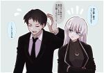 1boy 1girl angelica_(project_moon) black_gloves black_hair black_sweater blue_eyes collared_shirt flying_sweatdrops gloves hananokabe highres husband_and_wife jacket jewelry lapels library_of_ruina long_hair long_sleeves necklace necktie notched_lapels notice_lines open_mouth pants project_moon ribbed_sweater ring ring_necklace roland_(project_moon) shirt silver_trim simple_background smile speech_bubble sweater translation_request turtleneck turtleneck_sweater very_long_hair white_background white_hair 
