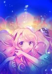  3girls black_hairband blonde_hair breasts building clone closed_eyes commentary_request hair_ornament hairband hanada_hyou highres hug large_breasts long_hair looking_at_viewer multiple_girls nude open_mouth shell shell_hair_ornament smile touhou translation_request watari_nina yellow_eyes 