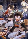  2boys abs animal_ear_earrings animal_ear_fluff animal_ears artist_name bamboo_steamer belt black_jacket black_nails black_shoes blue_eyes blue_gem bowl brown_hair bush chain chicken_(food) chicken_leg chinese_clothes chinese_food closed_eyes clothing_cutout collar commentary_request cropped_jacket dual_persona earrings eating facebook_username fangs fingernails flats flower food food_on_face forest fruit garu_(nu_carnival) gem gold_chain hair_between_eyes highres holding holding_food indian_style jacket jewelry karu_(nu_carnival) kneeling lantern light_blush light_particles long_sleeves looking_at_viewer male_focus meat midriff mouth_hold multiple_boys nature nu_carnival official_alternate_costume outdoors pankou pants paper_lantern pelvic_curtain persimmon plate plurk_username reaching scar scar_on_face scar_on_nose shaiichu sharp_fingernails shoes short_hair sitting skewer soup sparkle spiked_collar spikes steak tail tassel tassel_earrings thigh_cutout tile_floor tiles tree upturned_eyes v-shaped_eyebrows white_belt white_pants wolf_boy wolf_ears wolf_tail 