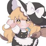  1girl apron black_hat black_skirt black_vest blonde_hair blue_bow blush bow braid broom broom_riding chibi chibi_only closed_mouth commentary_request frilled_skirt frills hair_bow hat hat_bow highres kirisame_marisa long_hair puffy_short_sleeves puffy_sleeves short_sleeves side_braid simple_background single_braid skirt solo touhou twitter_username uzuki_(amayadori) vest waist_apron white_apron white_background white_bow witch_hat yellow_eyes 