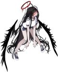  1girl absurdly_long_hair black_hair black_nails black_wings blood blood_halo blue_archive blue_shoes blue_shorts blue_trim blush breasts choker cross-laced_shoes embarrassed feathered_wings full_body game_asset gym_uniform halo head_tilt highres large_breasts large_variant_set leaning_forward liquid_halo long_hair looking_at_viewer melting_halo messy_hair mx2j nose_blush official_art open_mouth raised_inner_eyebrows red_choker red_eyes red_halo shirt shoes short_shorts short_sleeves shorts sidelocks simple_background sneakers solo standing tachi-e third-party_source transparent_background tsurugi_(blue_archive) variant_set very_long_hair white_shirt wings 