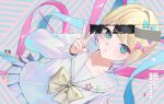  1girl ame-chan_(needy_girl_overdose) black_eyes black_hair blonde_hair blu-ray_cover blue_bow blue_eyes blue_hair blush bow chouzetsusaikawa_tenshi-chan commentary_request copyright_name cover dual_persona dutch_angle eyeshadow gold_bow gradient_hair hair_bow hair_ornament hairclip hairpin iridescent_clothes looking_at_viewer makeup multicolored_hair multiple_hair_bows multiple_hairclips needy_girl_overdose official_art ohisashiburi pien_cat_(needy_girl_overdose) pink_bow pink_eyeshadow pink_hair pink_lips puckered_lips purple_bow purple_hair quad_tails red_nails revealing_layer sailor_collar school_uniform second-party_source serafuku simple_background single_hair_intake solo star_ornament v white_background yellow_nails 