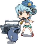  1girl absurdres blue_hair boombox breakdance chibi double_bun full_body hat highres hooded_top kantai_collection little_blue_whale_(kantai_collection) microphone music osananajimi_neko samuel_b._roberts_(kantai_collection) short_hair singing white_background yellow_eyes 