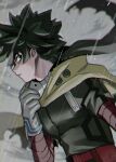  1boy absurdres adjusting_cape belt belt_pouch blurry blurry_background bodysuit boku_no_hero_academia cape cape_grab chromatic_aberration closed_mouth clothes_grab commentary_request depth_of_field dutch_angle floating_cape freckles from_side gloves green_bodysuit green_hair grey_gloves grey_mask grey_sky hand_up heavy_chromatic_aberration highres looking_at_viewer looking_to_the_side male_focus mask mask_around_neck midoriya_izuku mori_dosukoi mouth_mask partial_commentary pouch profile rain red_belt short_hair sideways_glance sideways_mouth sky solo torn_clothes torn_sleeves upper_body water_drop wind yellow_cape 